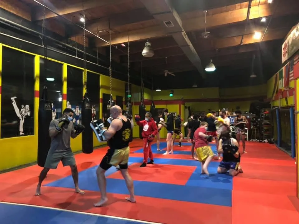 Students drilling on pads and heavy bags during a class