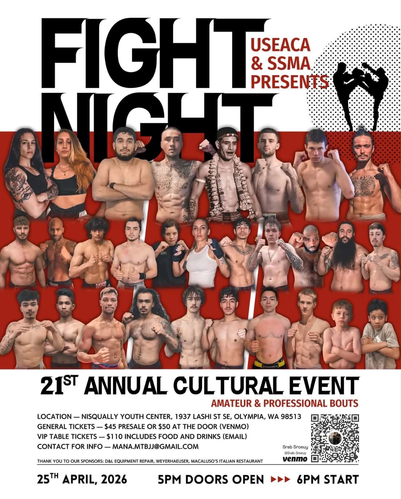 Fight Night poster — USEACA and SSMA present the 21st Annual Cultural Event, 25 April 2026 at the Nisqually Youth Center in Olympia, Washington.