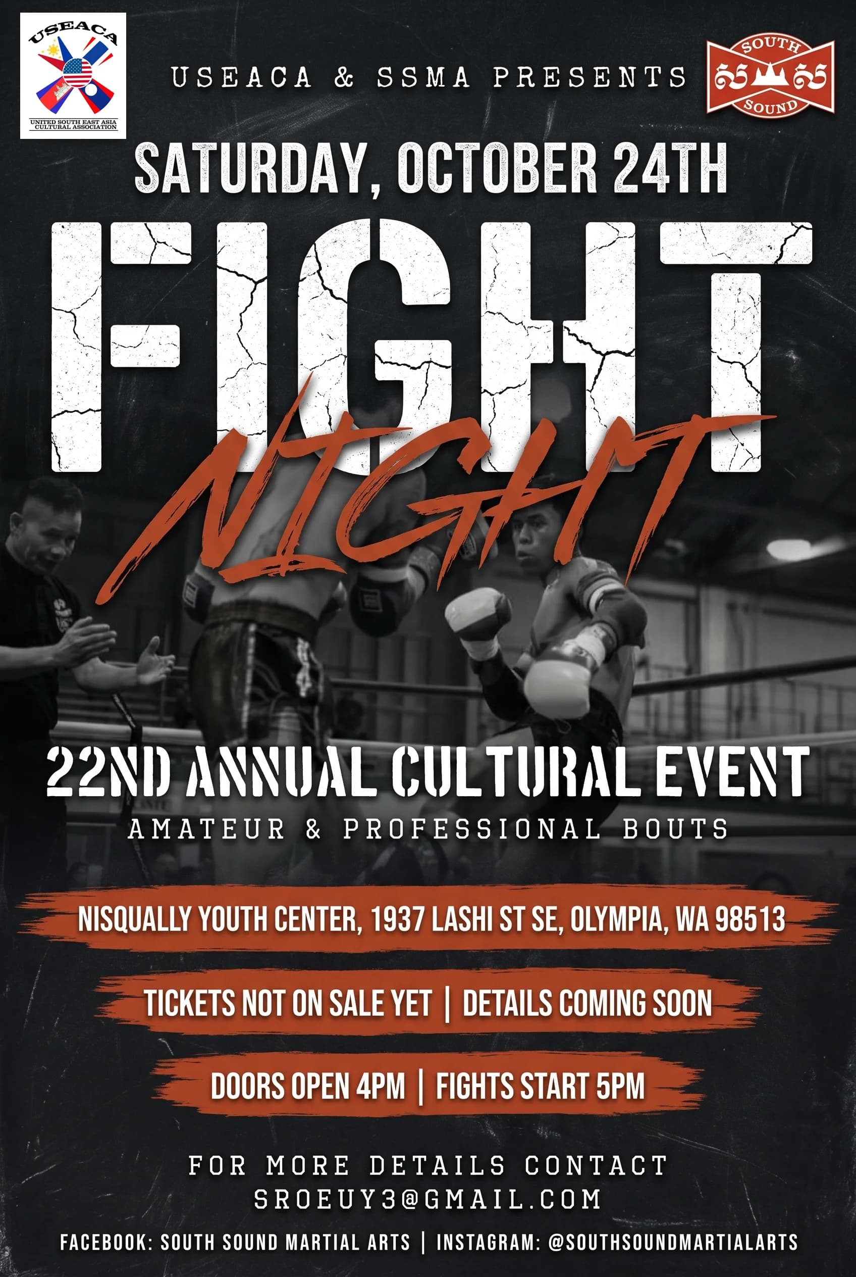 Fight Night poster — USEACA and SSMA present the 22nd Annual Cultural Event, Saturday 24 October 2026 at the Nisqually Youth Center in Olympia, Washington. Doors open 4 PM, fights start 5 PM. Tickets not on sale yet.